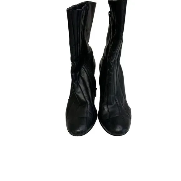 Black Leather Heeled Ankle Boots, Pointed Toe, Block Heel, Chic Classic Style - Picture 2 of 12